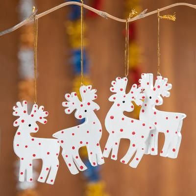 '4 Hand-Painted Wood Polka Dot Reindeer Christmas Ornaments'