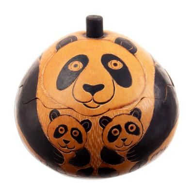 Panda Embrace,'Fair Trade Handcrafted Dried Mate Gourd Panda Decorative Box'