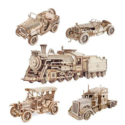 Robotime Rokr Classic Car 3D Wooden Puzzle Train Army Jeep Heavy Truck Vintage Car 1:15 Scale Model