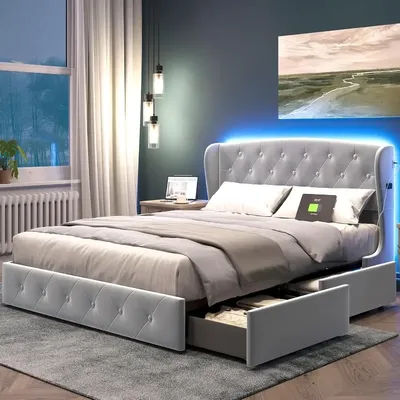 Queen Bed Frame with Headboard & 4 Drawers, Velvet Upholstered Bed Frame with RGB Lights & USB-C