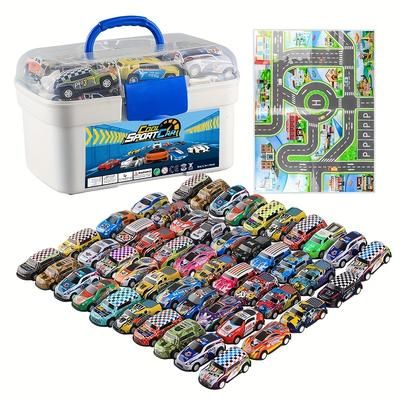 TEMU 50-pack Pull Back Metal Toy Cars Set With Storage Box And Play Mat, Durable Race Car Miniatures For Kids, Ideal Gift For Boys And Girls Aged 3 To 6 Years