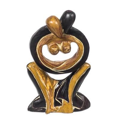 Maphikelela,'Couple Embracing Black and Brown Hand Carved Wood Statuette'