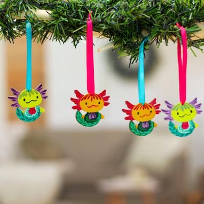 Aquatic Friend,'Set of 4 Hand-Painted Colorful Wood Axolotl Ornaments'