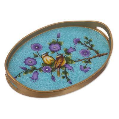 'Bird and Flower Motif Reverse-Painted Glass Tray'
