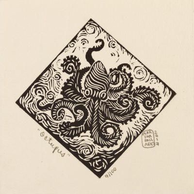 Octopus,'Octopus Theme Signed 4-Inch Linoleum Block Print'