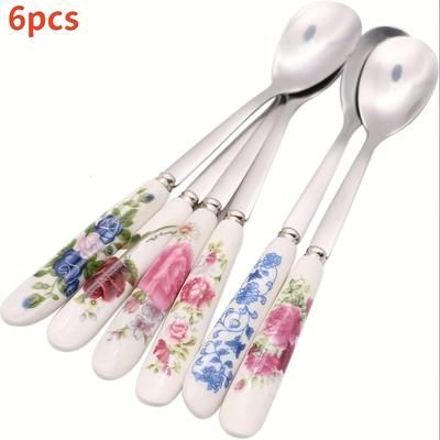 TEMU 6pcs, 6pcs Set Of Elegant Tableware Stainless Steel Coffee Spoon, Dessert Spoon, Ceramic Handle - Suitable For Sugar, Ice Cream, Soup, Etc. Kitchen And Restaurant Use
