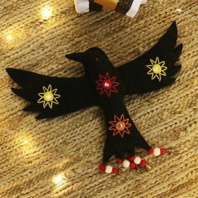 'Handmade Raven-Themed Black Wool Felt Wall Accent with Bells'