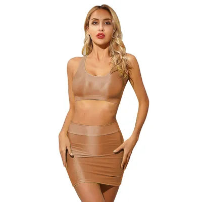 Jupes crayon brillantes pour femmes avec haut court précieux, huile brillante, lisse, taille haute, discothèque, rave, fête, pole légiti, wlwear, Minik343