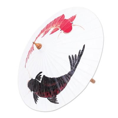 'Hand-Painted Cotton and Bamboo Thai Parasol with Fish Motif'