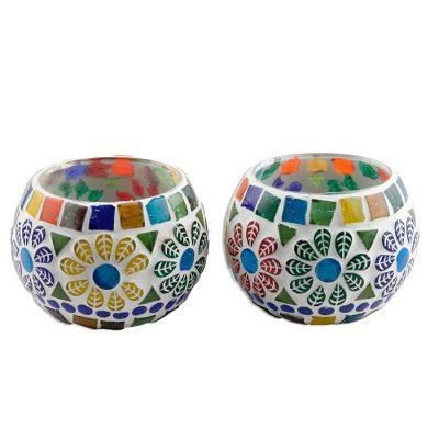 Floral Illumination,'Pair of Colorful Round Mosaic Tealight Candleholders'