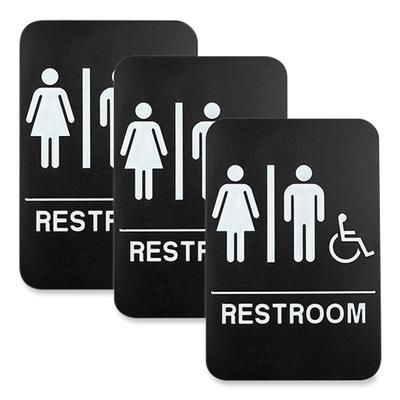 Excello Global Products® HD0036S Indoor/Outdoor Restroom Sign with Braille Text and Wheelchair, 6" x 9", Black Face, White Graphics, 3/Pack - Pack EXO