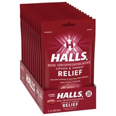 Halls 27499 Triple Action Cough Drops, Cherry, 30/Bag, 12 Bags/Box - Box of 12 Bags CDB27499
