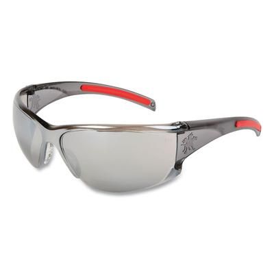 MCR Safety HK117 HK1 Series Safety Glasses, Wraparound, Scratch-Resistant, Silver Mirror Lens, Smoke/Red Frame CRWHK117