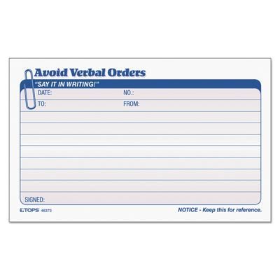 TOPS 46373 Avoid Verbal Orders Manifold Book, Two-Part Carbonless, 6.25 x 4.25, 1/Page, 50 Forms TOP46373