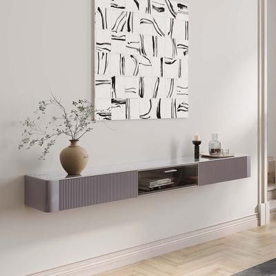 78.74" Modern Minimalist Floating TV Stand, Fluted TV Console, Glossy Sintered Stone,Hardware Handles, Gray TV Console