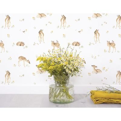 Carta da parati intessuta stampa vintage cerbiatto (50 cm x 10 m)