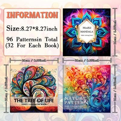 TEMU Adult Coloring Books Set Of 3 - Mandala, Tree Of Life & Nature Patterns - Sketchbooks For Relaxation And , 96 , Lay Flat, High-quality Pages, Ages 14+