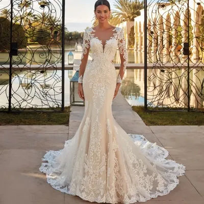 Boho Sheer O-neck Mermaid Wedding Dress Classic Lace Appliques Long Sleeves Elegant Bridal Gown Robe De Mariée