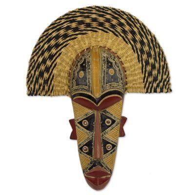 Prosper,'Hand Made African Mask with Wood and Raffia Accents'