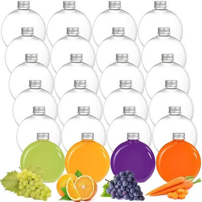 24Pack 10oz Plastic Bottles Small Plastic Flask Bottles Reusable Round Flat Bottles Mini Juice Bottles Beverage Container