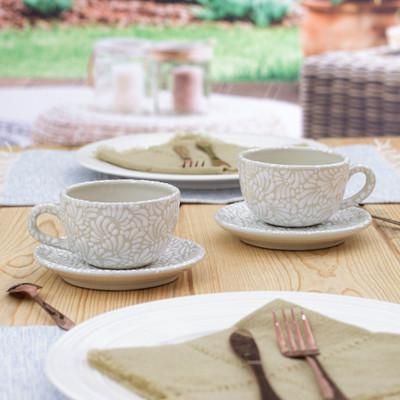 Serene Spring,'Beige and Ivory Ceramic Cup and Saucer Set (4 Pieces)'