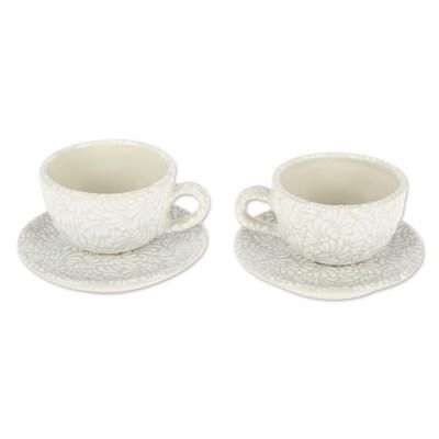 Serene Spring,'Beige and Ivory Ceramic Cup and Saucer Set (4 Pieces)'