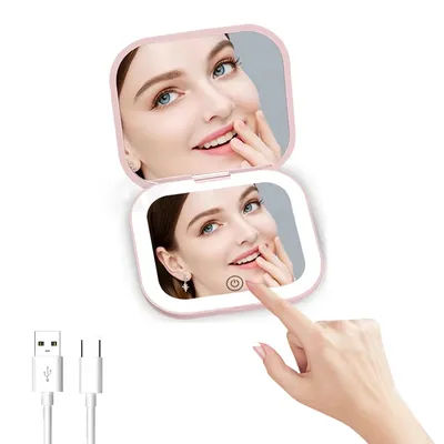 2X magnifying Compact Cosmetic Vanity Mirror with Lights Travel Mini Gift Folding Led Portable Hand Held Pocket Makeup Mirror