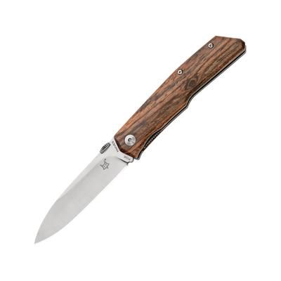 Fox Terzuola Bocote Folding Knife 3.5in Satin Bohler N690 SS Drop Point Brown Bocote Wood Handle Thumb Disk Brown Leather Sheath brown FX-525