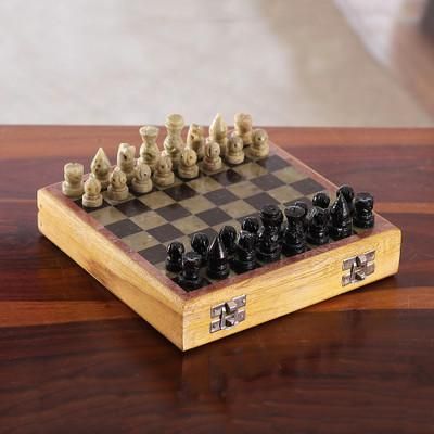 'Artisan-Made Soapstone and Kadam Wood Chess Set from India'