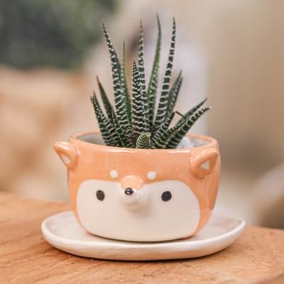 'Thai-Made Siberian Dog Mini Flower Pot and Saucer (Small)'