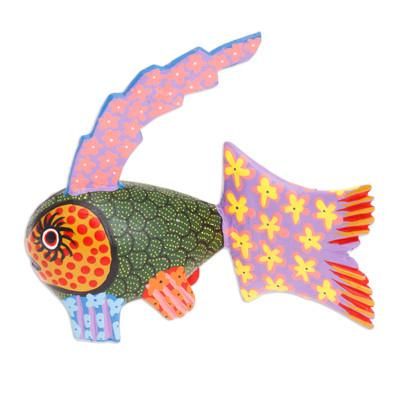 'Hand-Painted Wood Fish Alebrije Figurine in Green and Purple'