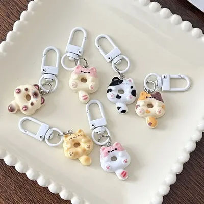 Cute Cat Donut Keychain Phone Strap Lanyard Cases For CCD Camera Airpods Schoolbag Ins Korea New Anime Kawaii Charms Pendant