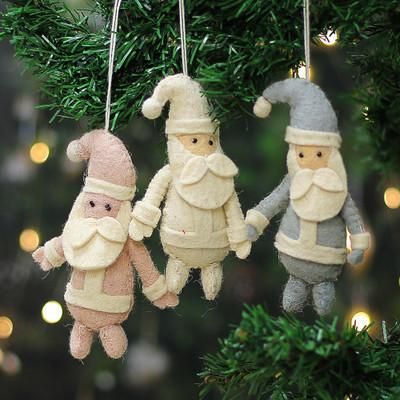 'Santa-Themed Set of 3 Wool Felt Ornaments Crafted in India'