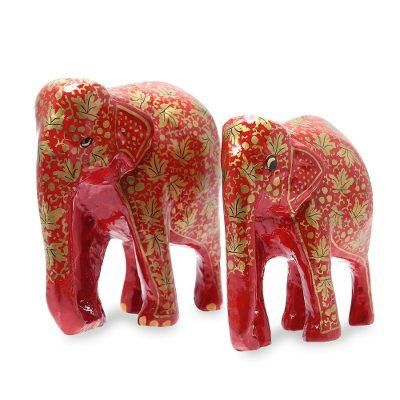 Chinar Bond,'Leaf Motif Papier Mache Elephant Sculptures (Pair)'