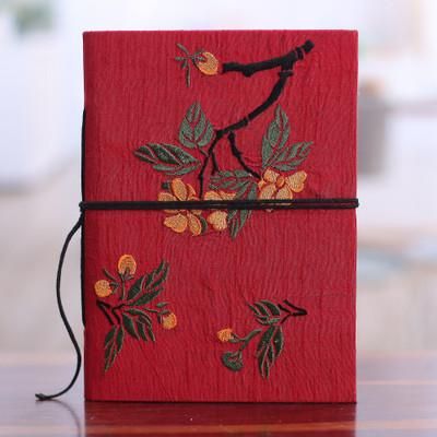 'Indian Handmade Floral Rayon-Embroidered Journal in Red Hues'