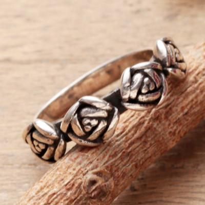 Rose Sophistication,'Sterling Silver Band Ring Crowned by Four Rose Accents'