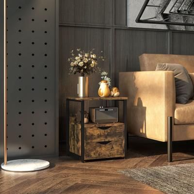 TEMU Industrial Side Table With Drawer, Sofa Table, Bedside Cabinet With Storage Shelf, Slim Nightstand For Living Room, Bedroom, Rustic Brown