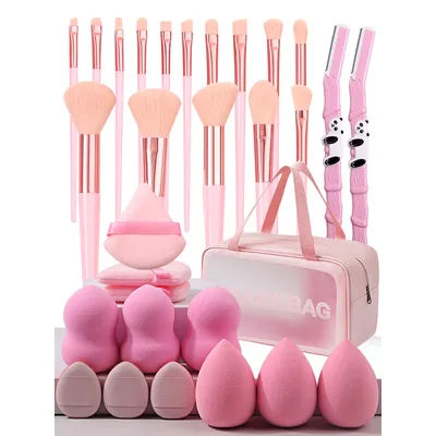 30Pcs Makeup Brushes Kit ,3 Fingertip Puff,3 Sponge Puff, 6 Sponge Egg,2 Eyebrow razorSuitable Makeup Bag for Beginners