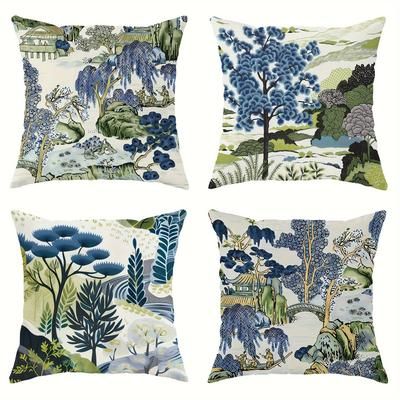 TEMU 4pcs/set Green And Navy Blue Forest Mountain Print Throw Pillow Covers, Home Decor, Room Decor, Office Decor, Living Room Decor, Sofa Decor (no Pillow Core)