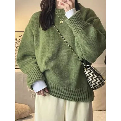 Pull vert à col rond pour femme, optique rétro japonaise, style paresseux, intérieur astronomique, haut pour l'automne et l'hiver, nouveau