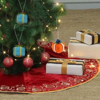 Holiday Rose,'Red Faux Velvet Christmas Tree Skirt with Rose Embroidery'