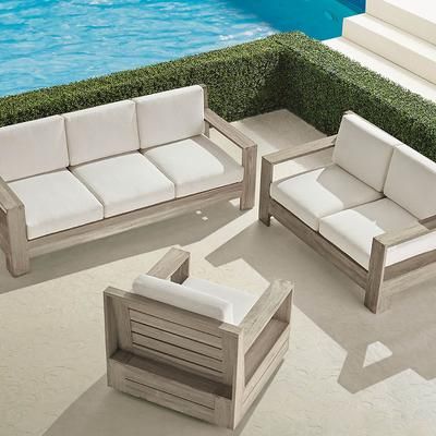 St. Kitts 3-pc. Sofa Swivel Set in Weathered Teak - Quick Dry, Vista Boucle Air Blue - Frontgate