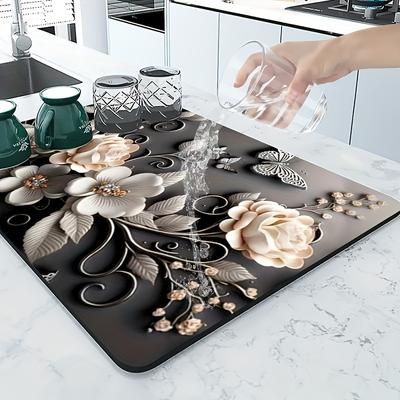 TEMU 1pc Flower Dish Dry Mat, Super Absorbent Kitchen Mat, Countertop Anti-slip Mat, Rubber Material, Faucet Bathroom Mat, Kitchen Necessities, Home Accessories