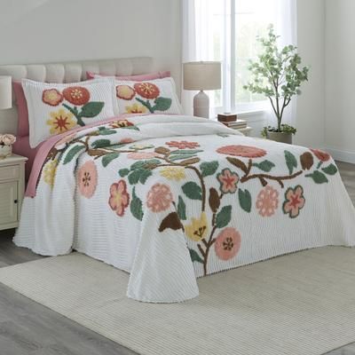 Bloom Chenille Bedspread by BrylaneHome in Deep Coral Multi (Size QUEEN) Floral Bedding Colorful Flowers