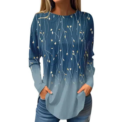 Fashion women's Long Sleeve T-shirt Round Neck Pullover Casual Plant Willow Branch Pattern 3d Printed Gradient Printed t-shirt