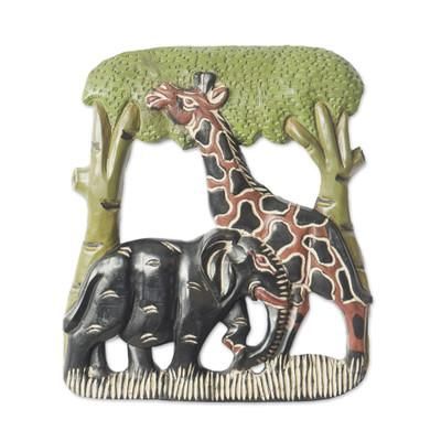 'Hand-Carved Sese Wood Wall Art Featuring Wildlife from Ghana'