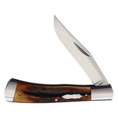 Old School Knifeworks Ruple 1 Trapper Amber Stag Folding Knife 4.13in Closed Satin VG-10 Clip Blade Amber Stag Bone Handle RUP1AS