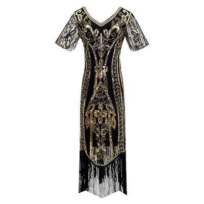 Anni Ruggenti Anni 1920 Lunghezza al ginocchio Lunghezza corta Abito Flapper Manica illusione Maniche corte Il grande Gatsby Invitato al matrimonio Paillettes Paillettes Scollo a V Costume Per donna