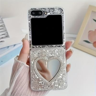 TEMU Ins Rhinestone Love Heart Makeup Mirror Glitter Sequins Epoxy Folding Phone Case For For Galaxy Z Flip 6 5 4 3 Korean Bling Shockproof Protect Back Cover