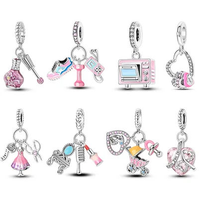 Hot Sale 925 Silver Dumbbell Stroller Oven Lipstick Pink Charms Pendant Fit 3mm 925 Original Bracelets Fine DIY Jewelry Gift
